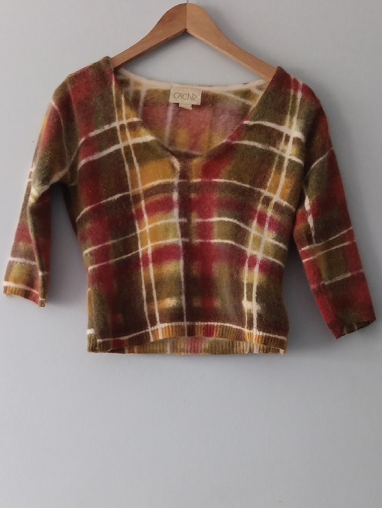 Cache Sweaters - Vintage Cache Angora Blend Plaid Sweater M Fuzzy Cropped V Neck Knit